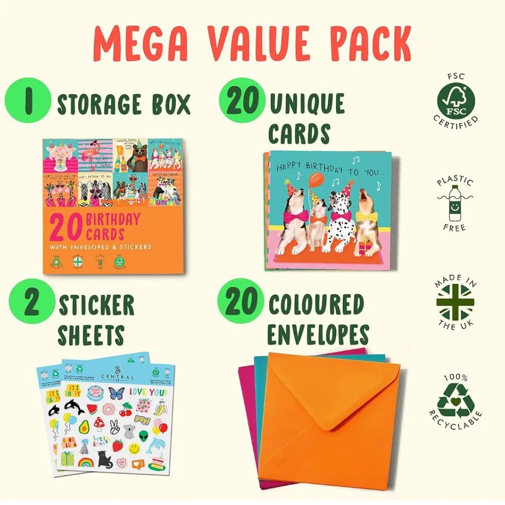 Central 23, London Birthday Cards Envelopes Fun Stickers Sustainably Made Boxed
